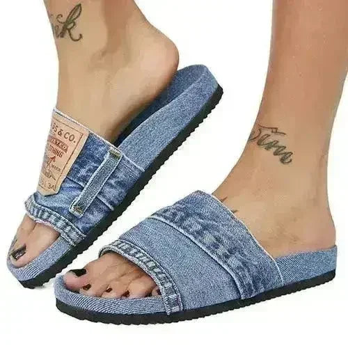 Denim Women's Cool Round Head Flat Slides Blue/Black - Femstylo