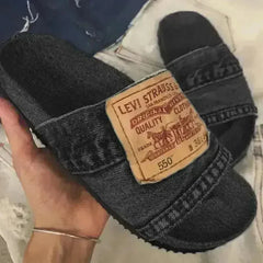 Denim Women's Cool Round Head Flat Slides Blue/Black - Femstylo