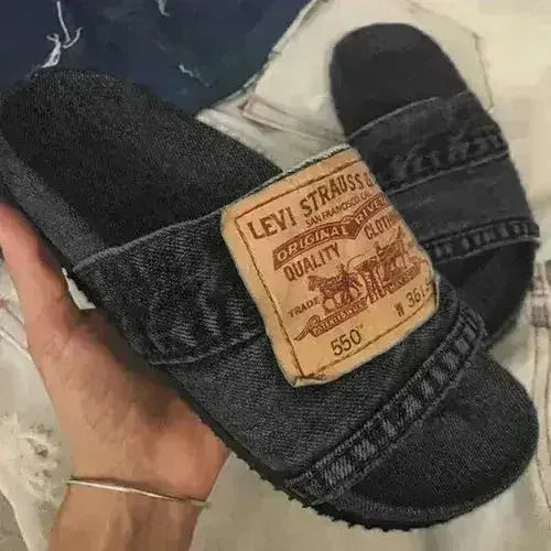 Denim Women's Cool Round Head Flat Slides Blue/Black - Femstylo