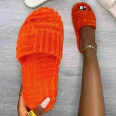 2021 Flat Furry Slippers Thick Sole Open Toe Women Slides - Femstylo