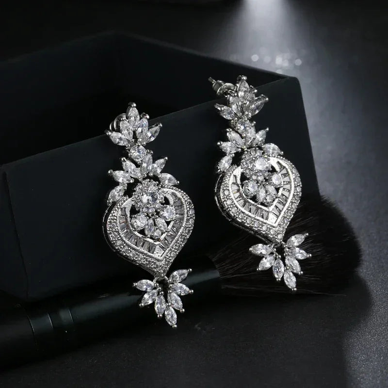 Luxury Floral CZ Drop Earrings – Elegant Statement Jewelry for Weddings