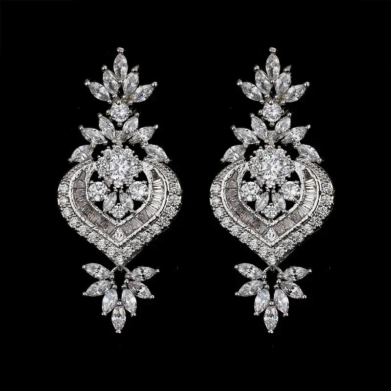 Luxury Floral CZ Drop Earrings – Elegant Statement Jewelry for Weddings
