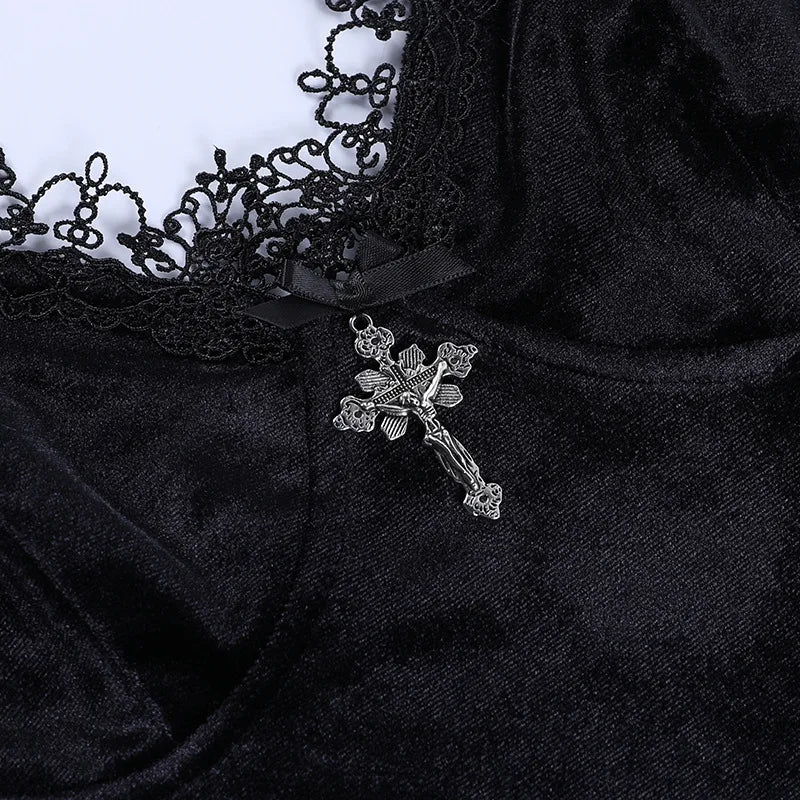 Goth Cross Mini Dress | Vintage Black Spaghetti Strap Dress -femstylo