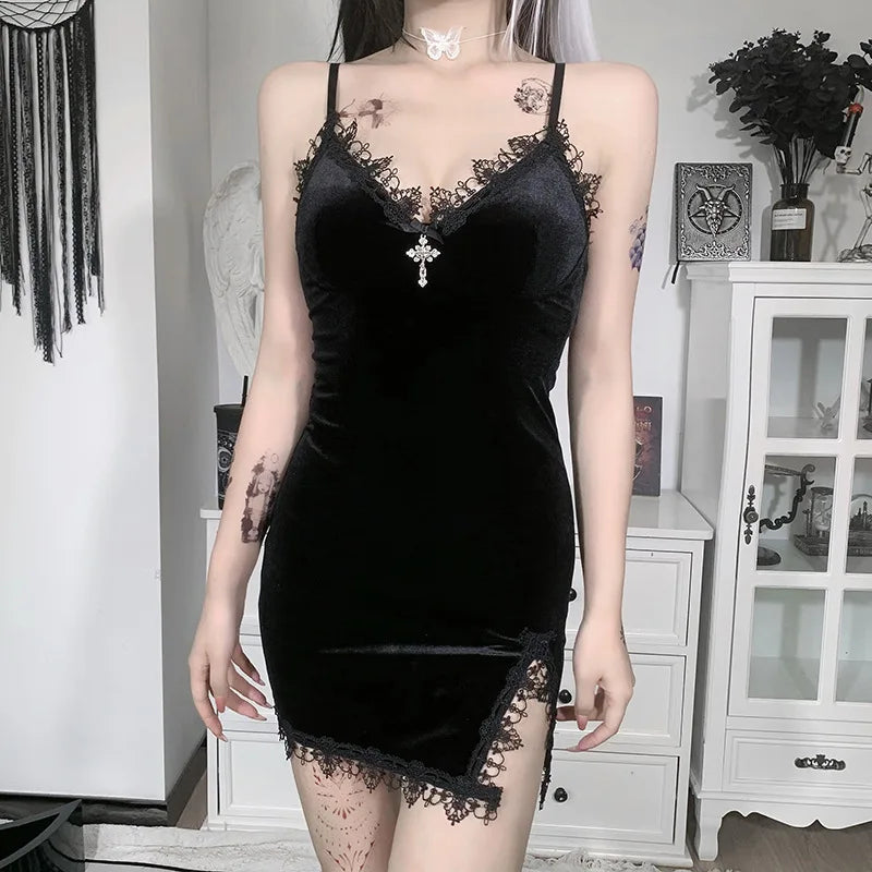 Goth Cross Mini Dress | Vintage Black Spaghetti Strap Dress -femstylo