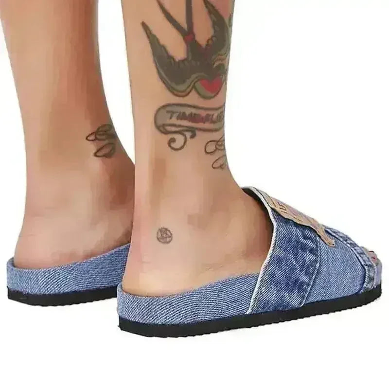 Denim Women's Cool Round Head Flat Slides Blue/Black - Femstylo