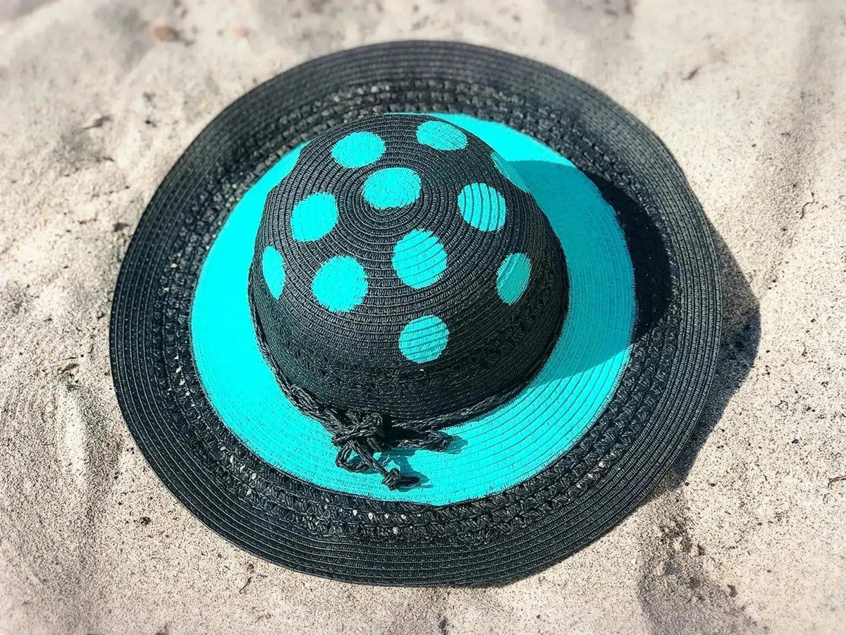 Hand painted Polka Dot Sun Hat - Black & Aqua | Femstylo