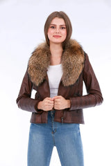 Ravenna Leather Biker Jacket - Brown - Femstylo