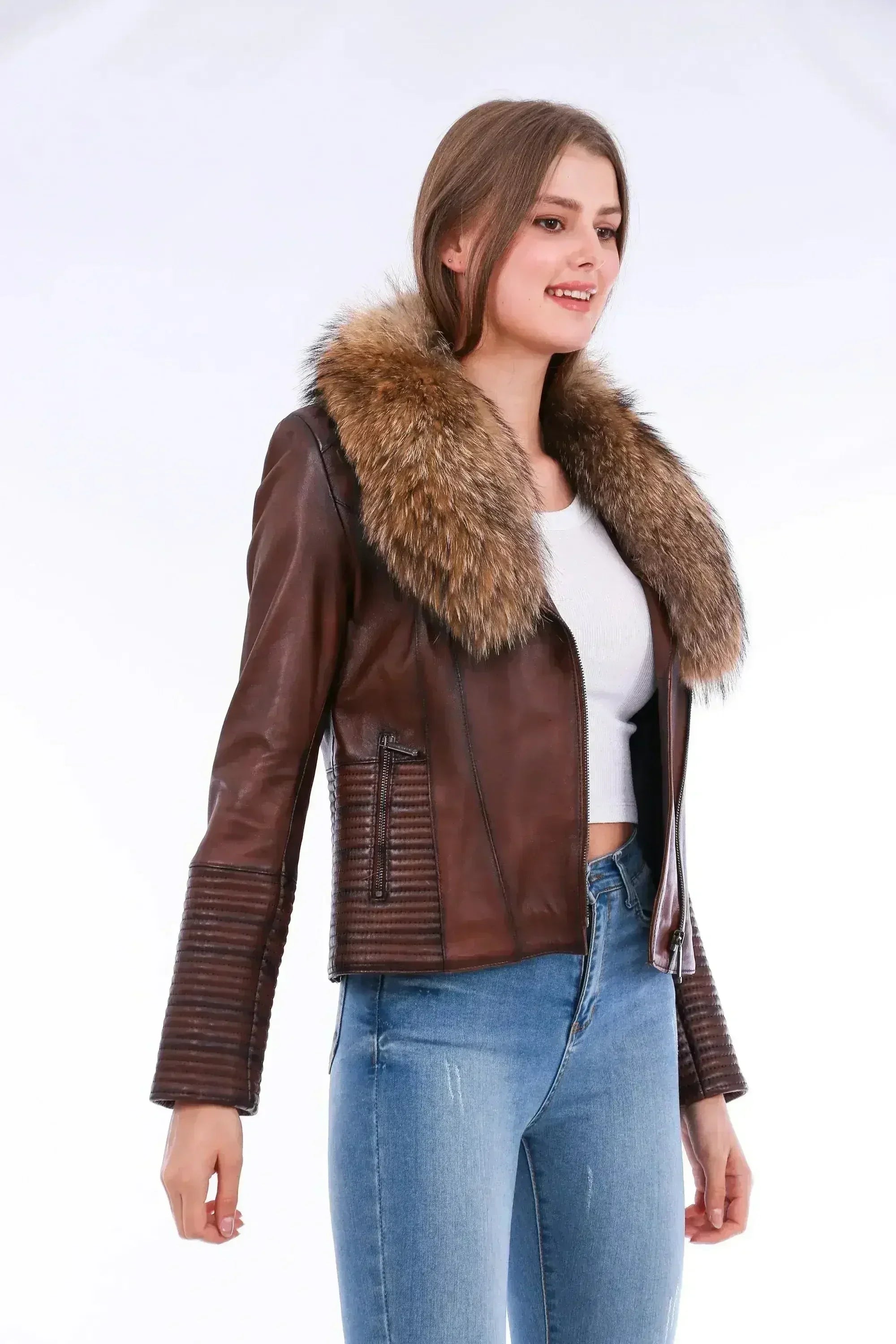 Ravenna Leather Biker Jacket - Brown - Femstylo