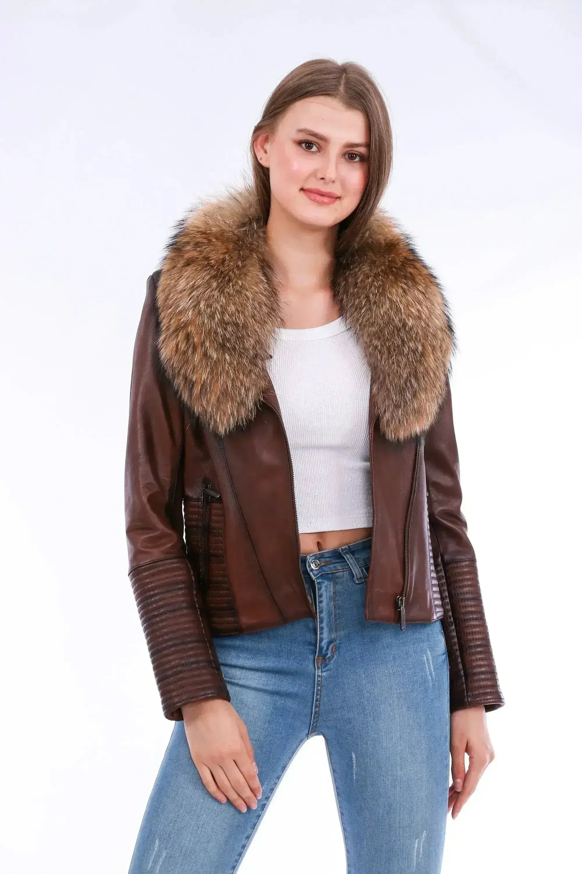 Ravenna Leather Biker Jacket - Brown - Femstylo
