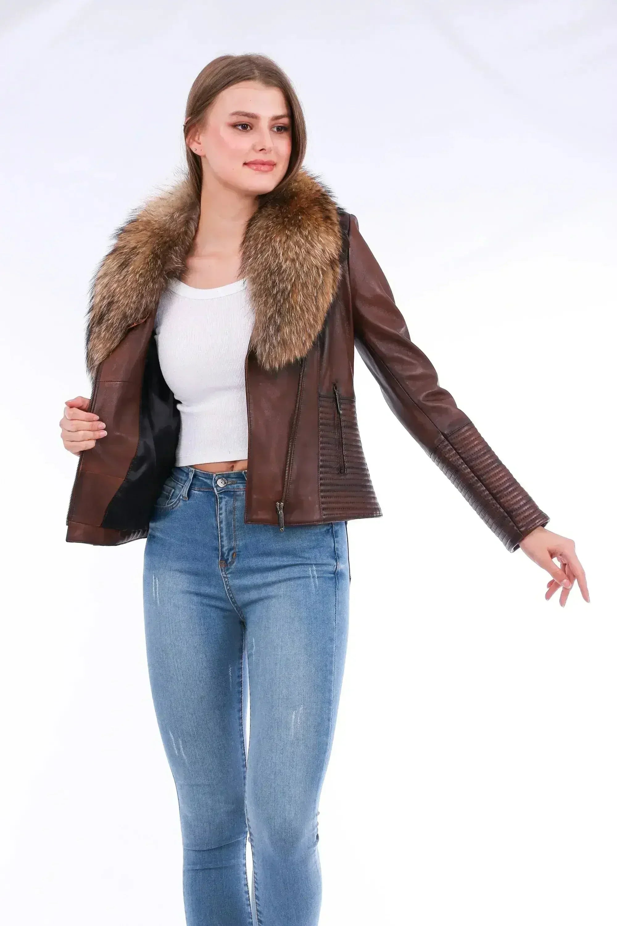 Ravenna Leather Biker Jacket - Brown - Femstylo