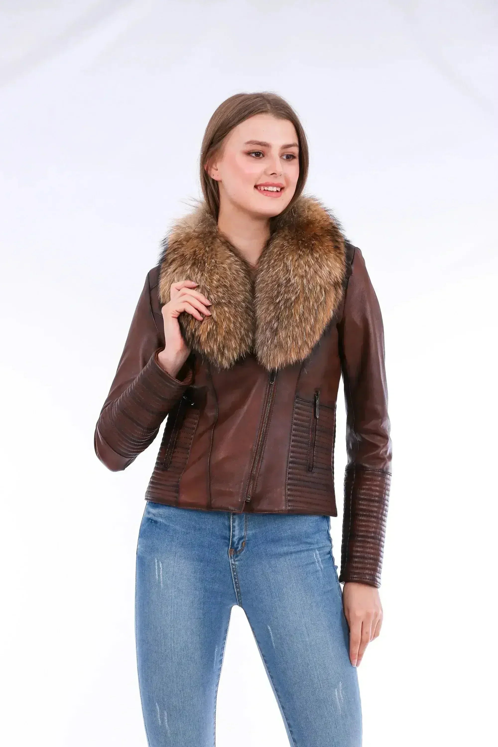 Ravenna Leather Biker Jacket - Brown - Femstylo