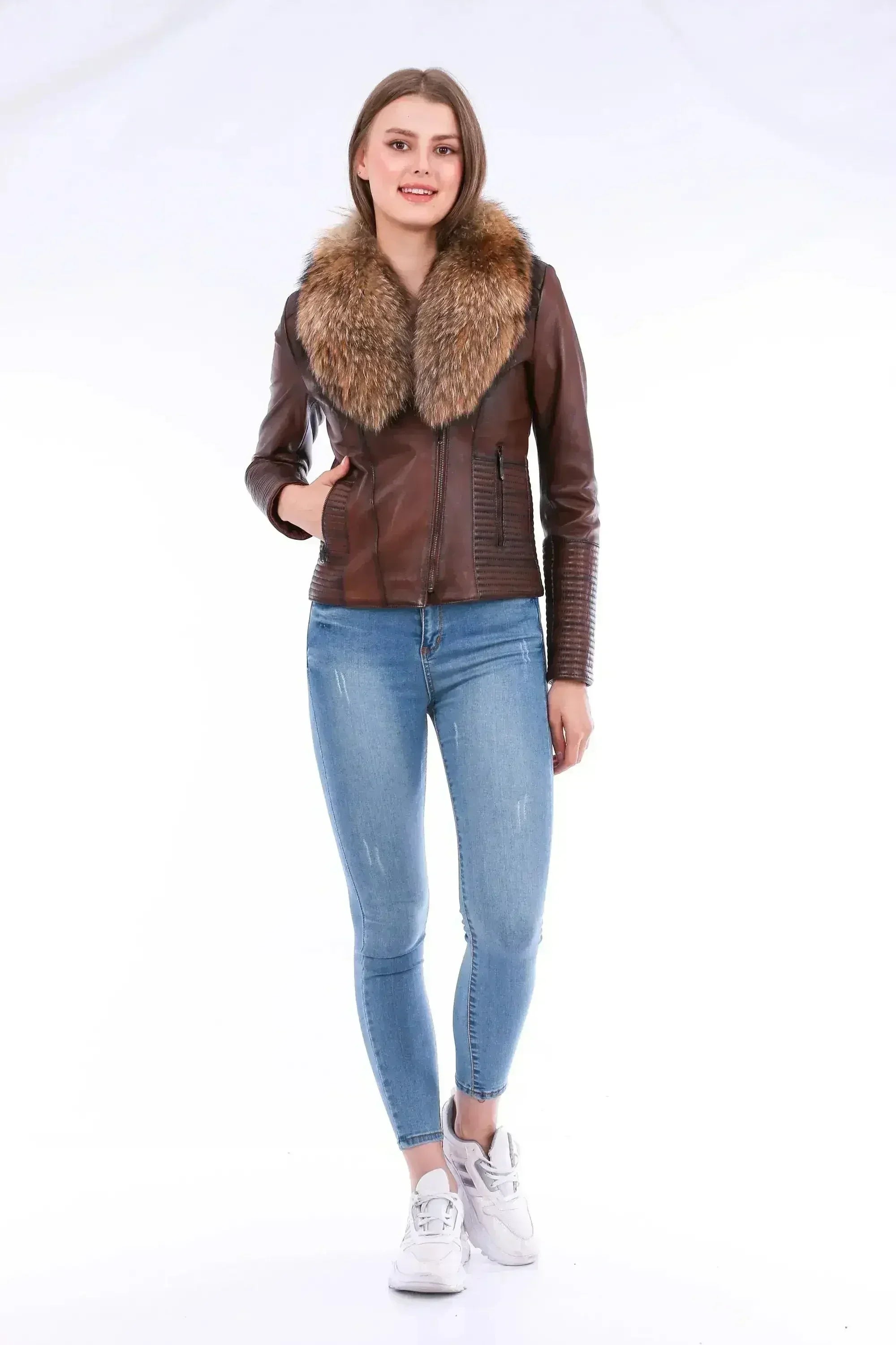 Ravenna Leather Biker Jacket - Brown - Femstylo