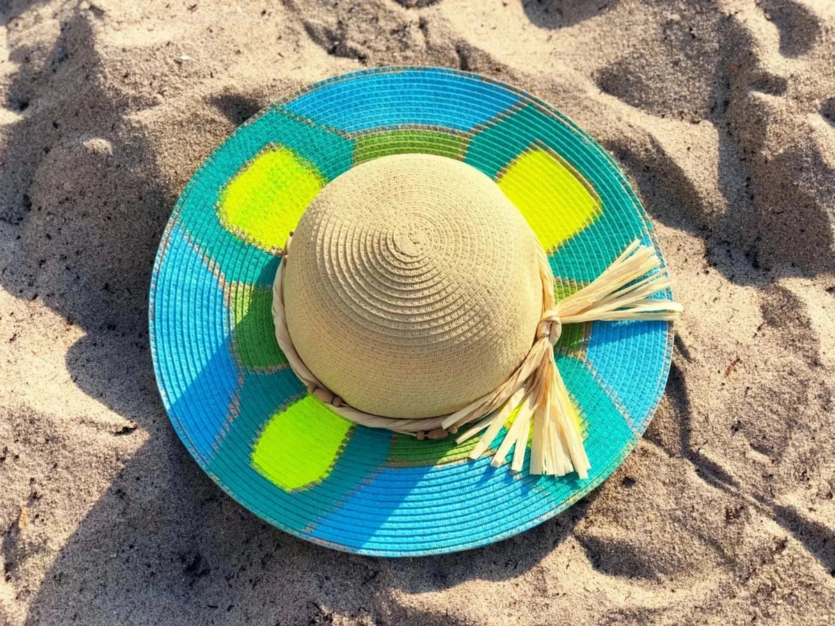 Hand painted Mosaic Sun Hat - Aqua Blue & Unique | Femstylo