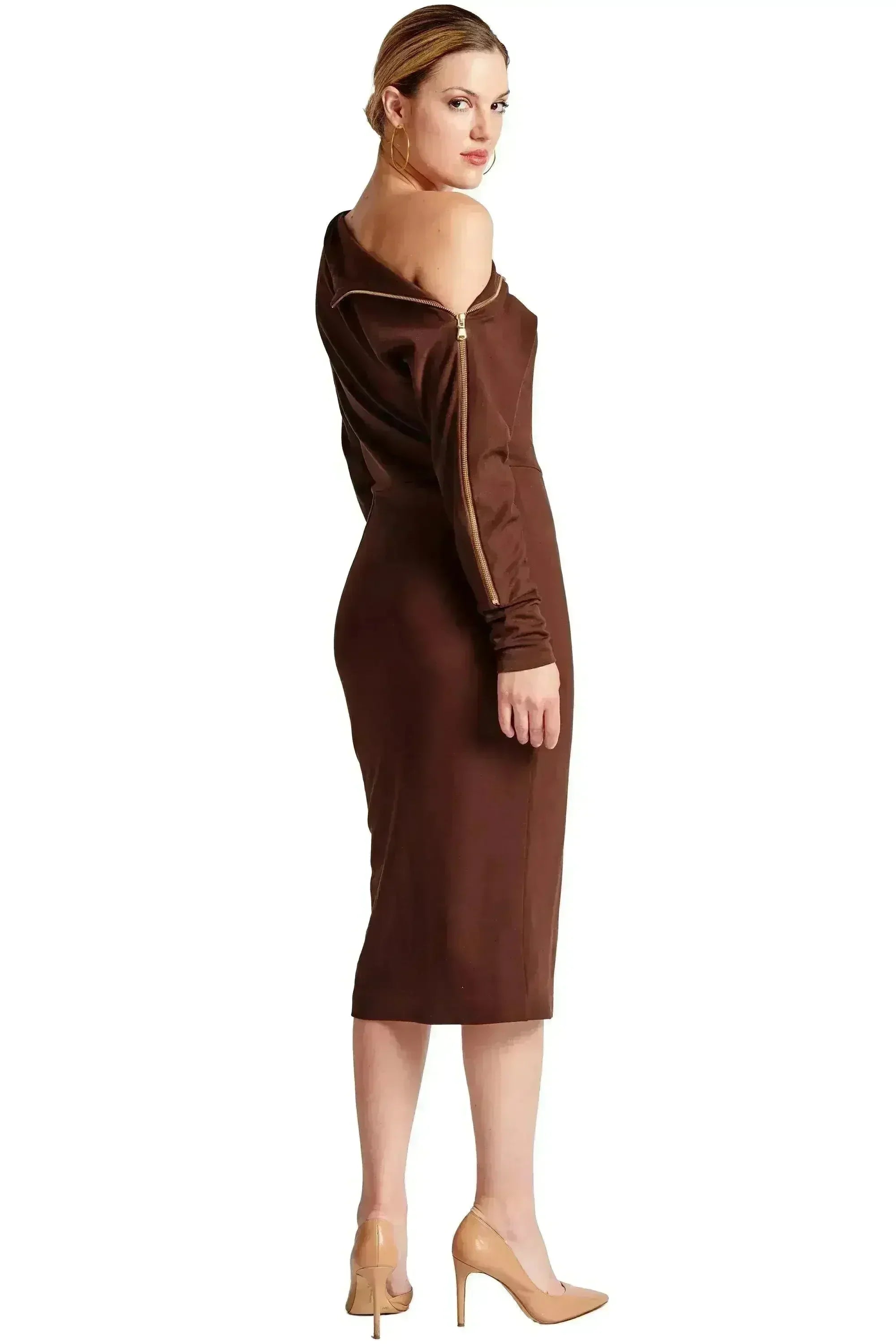 Josefa Asymmetric Convertible Midi Dress - Gold Zipper Detail - Femstylo