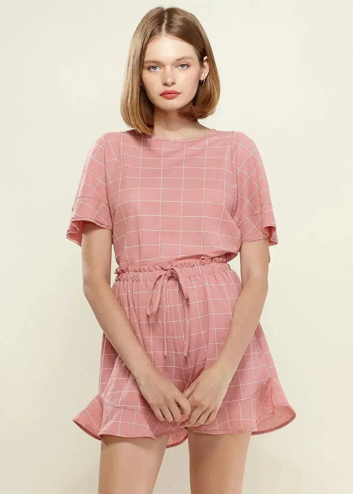 Women's Grid Print Crew Neck Blouse in Pink | Femstylo - Femstylo