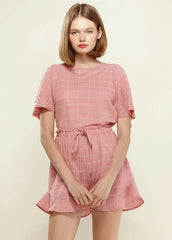 Women's Grid Print Crew Neck Blouse in Pink | Femstylo - Femstylo