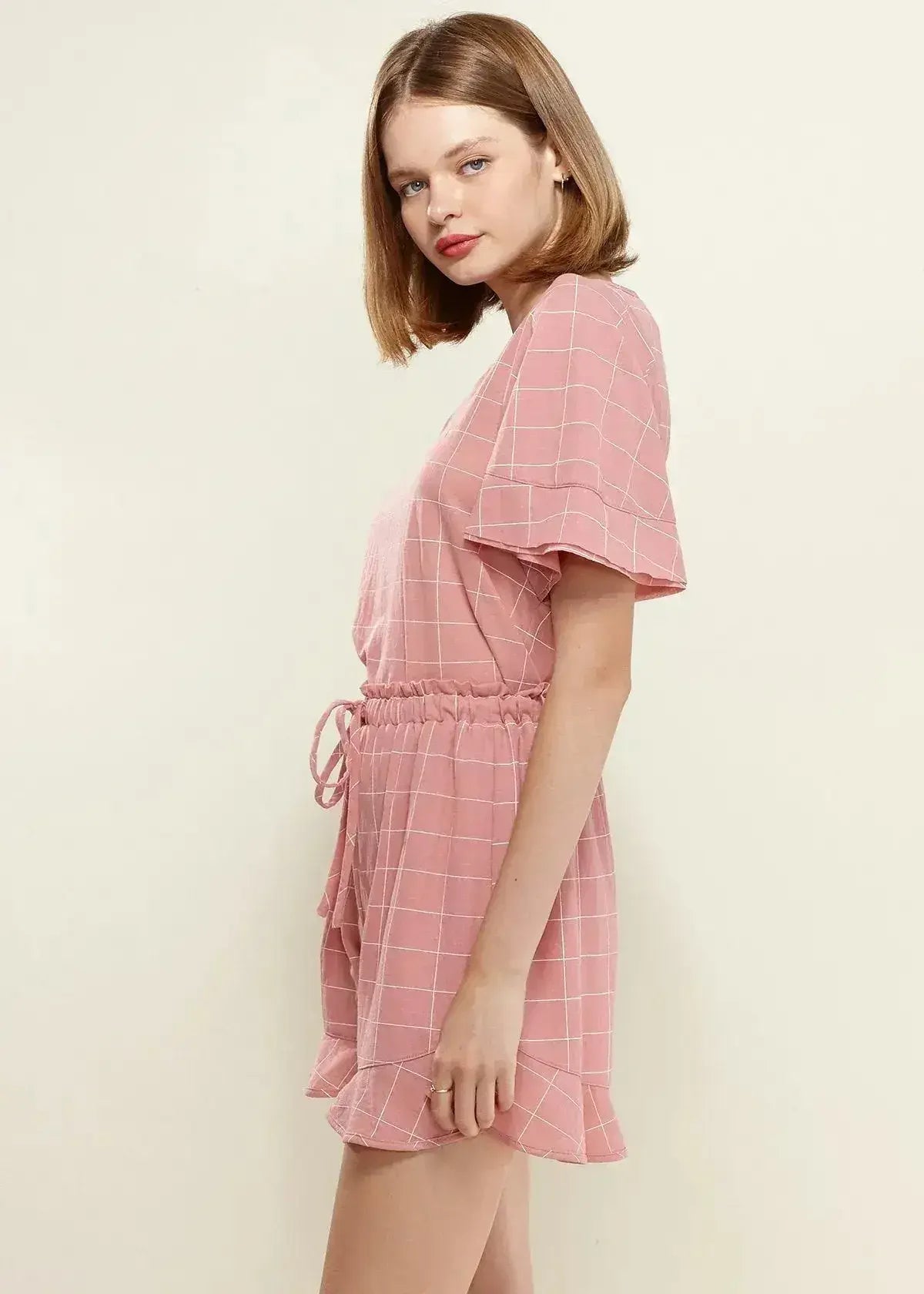 Women's Grid Print Crew Neck Blouse in Pink | Femstylo - Femstylo