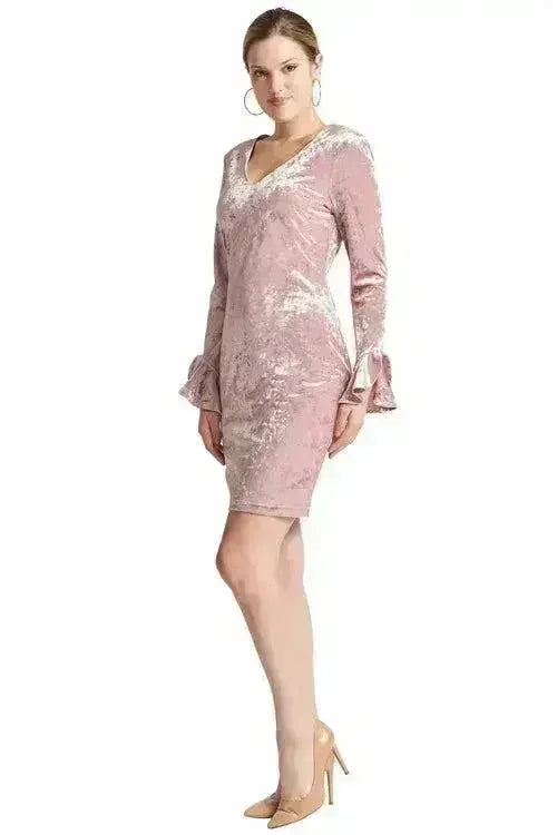 Kara Dress - Long sleeve crushed velvet v-neck dress adorned with bell - Femstylo