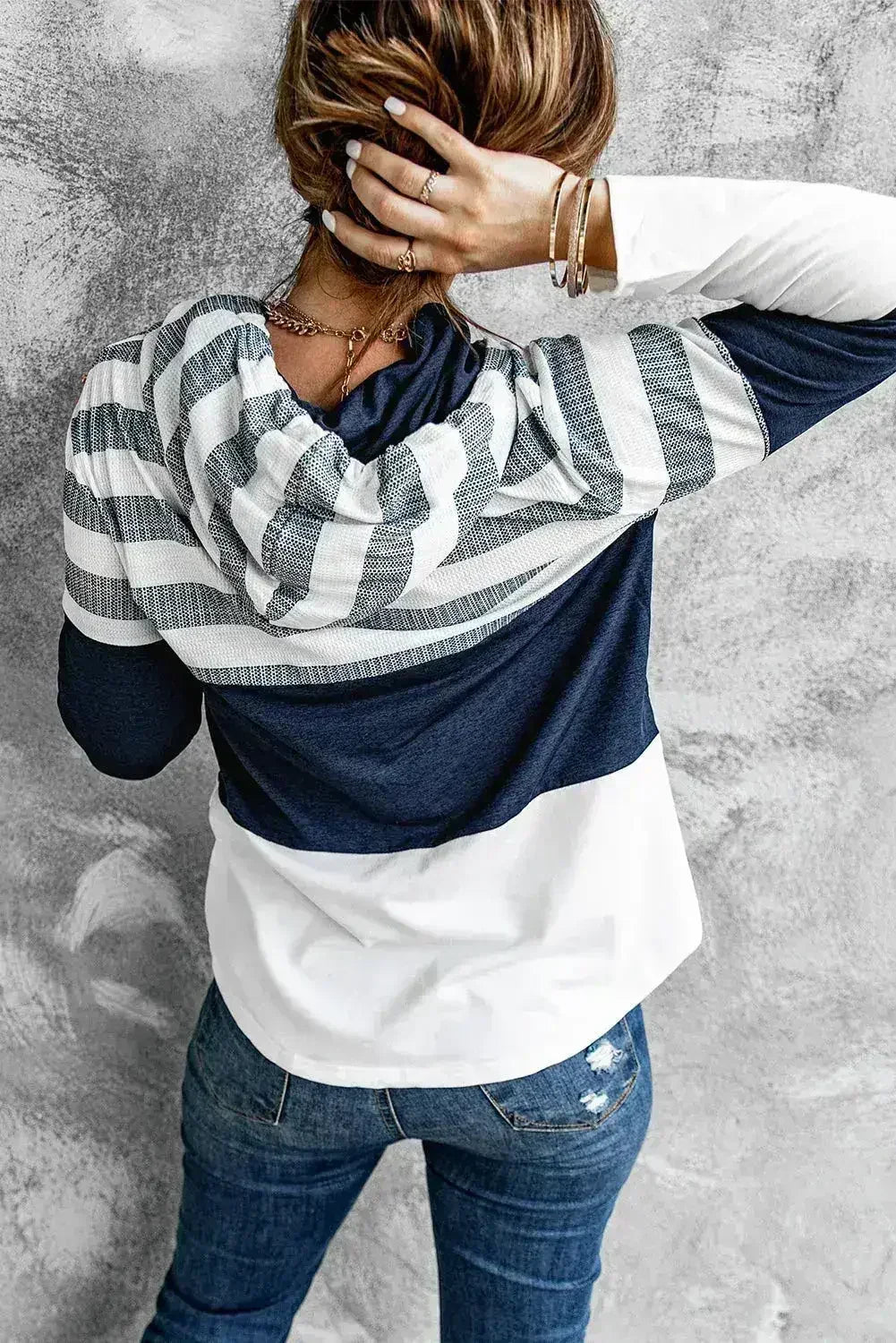 White Color Block Classic Pullover Drawstring Hoodie For Women - Femstylo