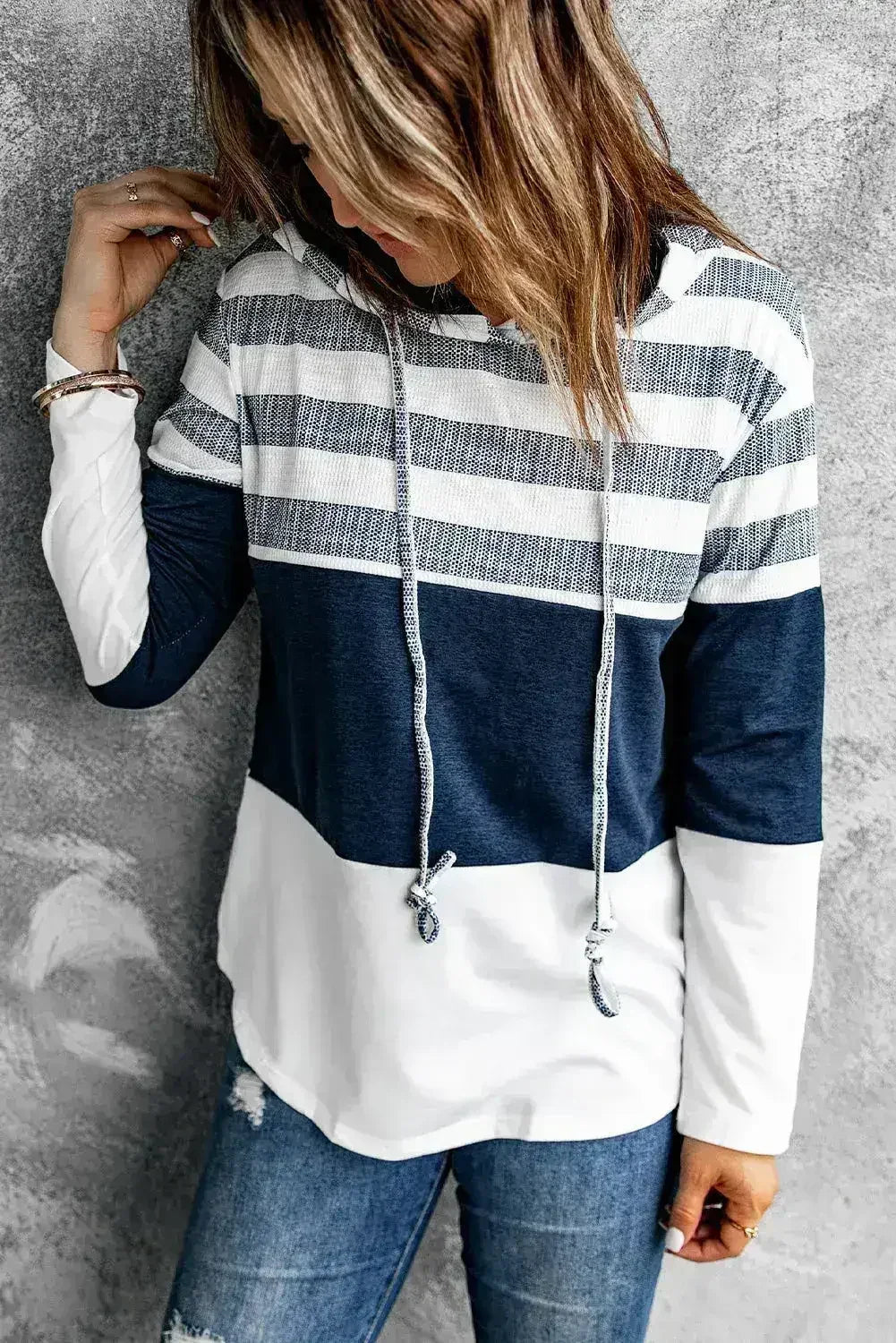 White Color Block Classic Pullover Drawstring Hoodie For Women - Femstylo