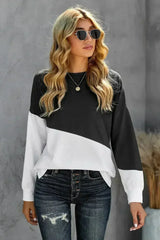 Black White Patchwork Dropped Shoulder Sleeve Sweatshirt - Femstylo