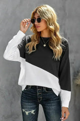 Black White Patchwork Dropped Shoulder Sleeve Sweatshirt - Femstylo