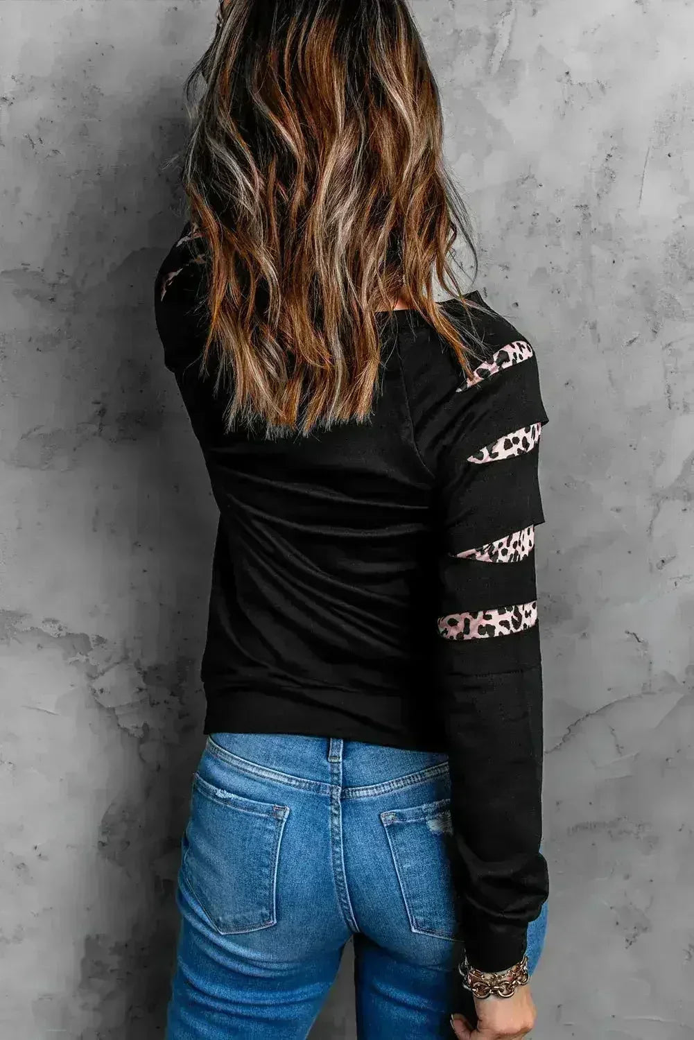 Womens Leopard Insert Long Sleeve Black Sweatshirt - Femstylo