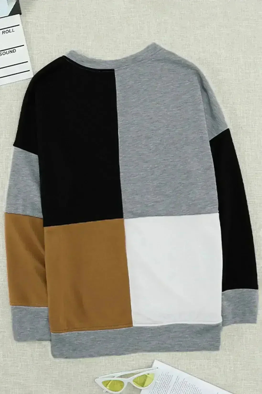 Women's Gray Color Block Round Neck Long Sleeves Pullover Sweatshirt - Femstylo
