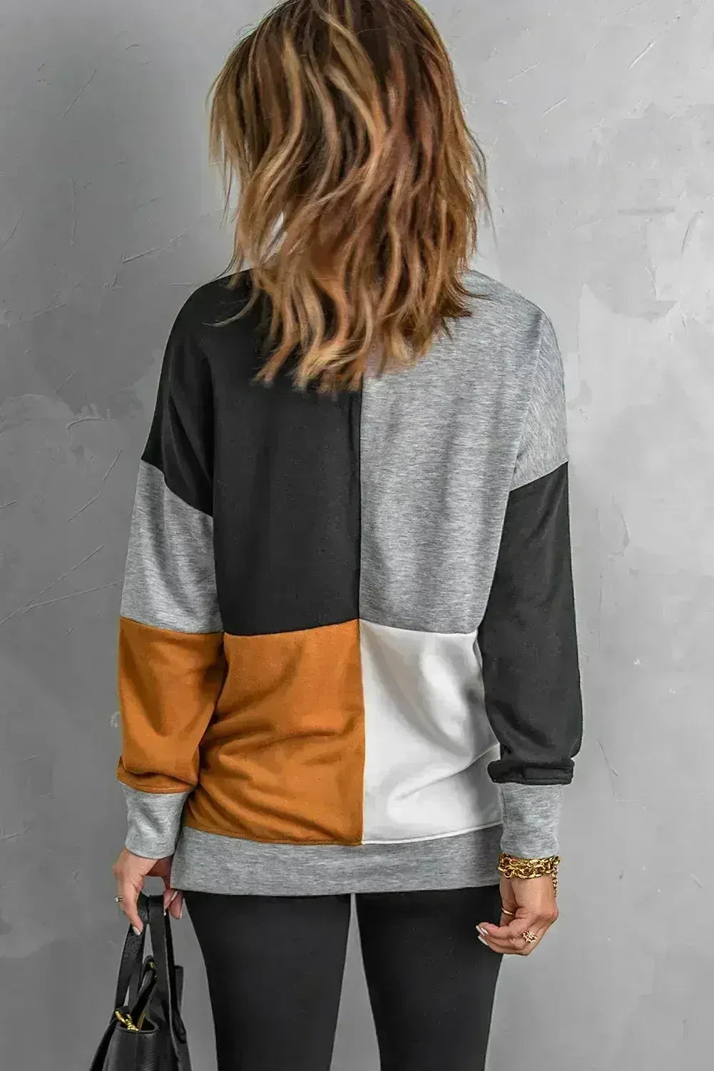 Women's Gray Color Block Round Neck Long Sleeves Pullover Sweatshirt - Femstylo