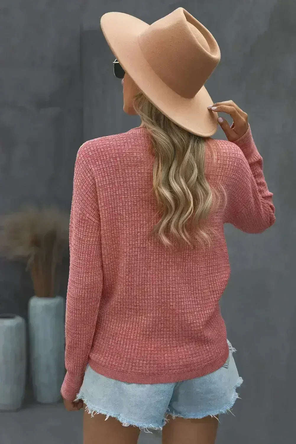 Women's Pink Deep V-neck Long Sleeve Knit Sweater - Femstylo