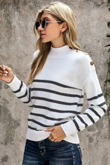 Winter White Striped Turtleneck Long Sleeve Sweater with Buttons - Femstylo