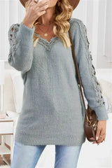 Gray Lace Splicing Sweater - Femstylo