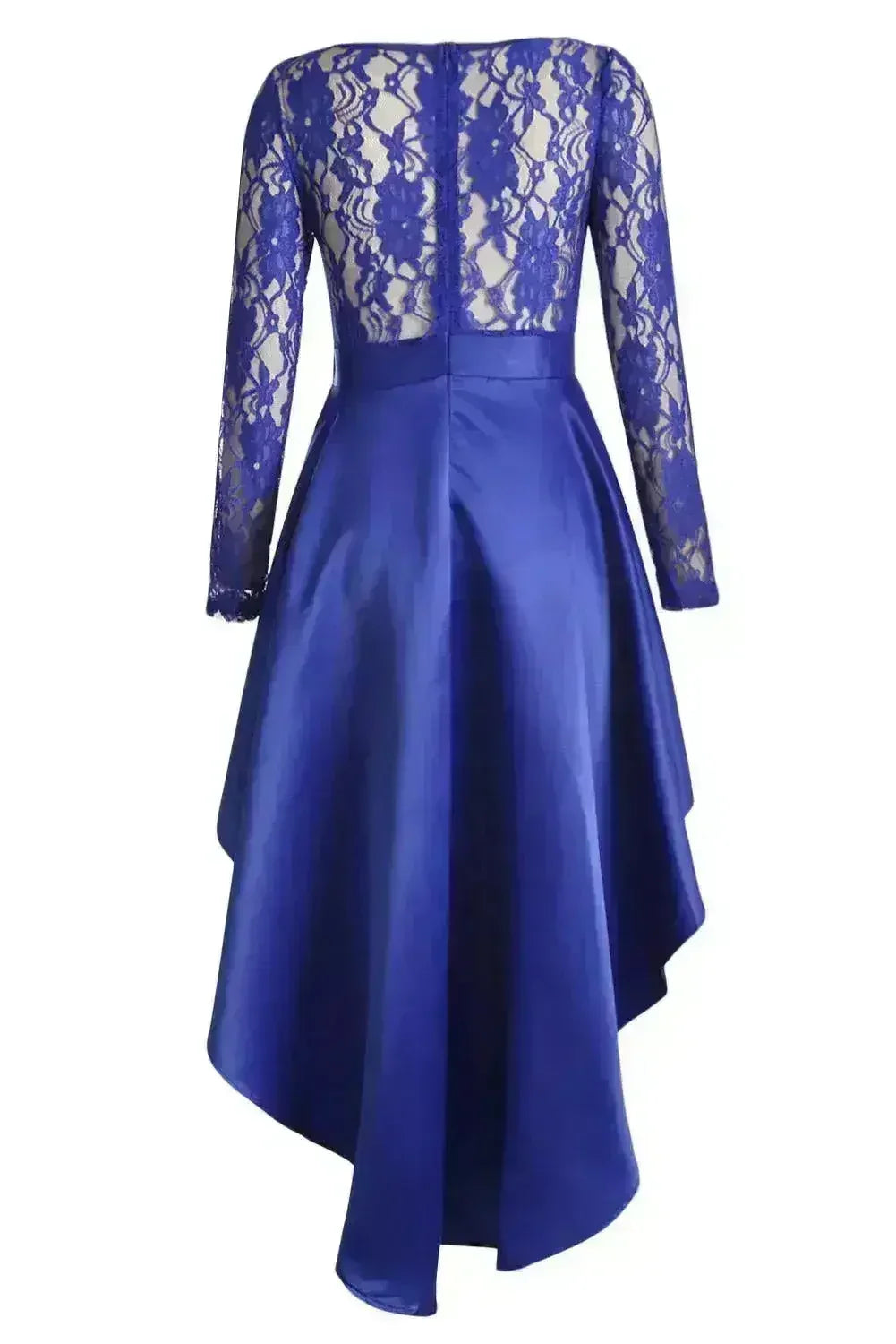 Royal Blue Lace Long Sleeve High Low Satin Prom Dress Femstylo Royal Blue Lace Long Sleeve High Low Satin Prom Dress Femstylo