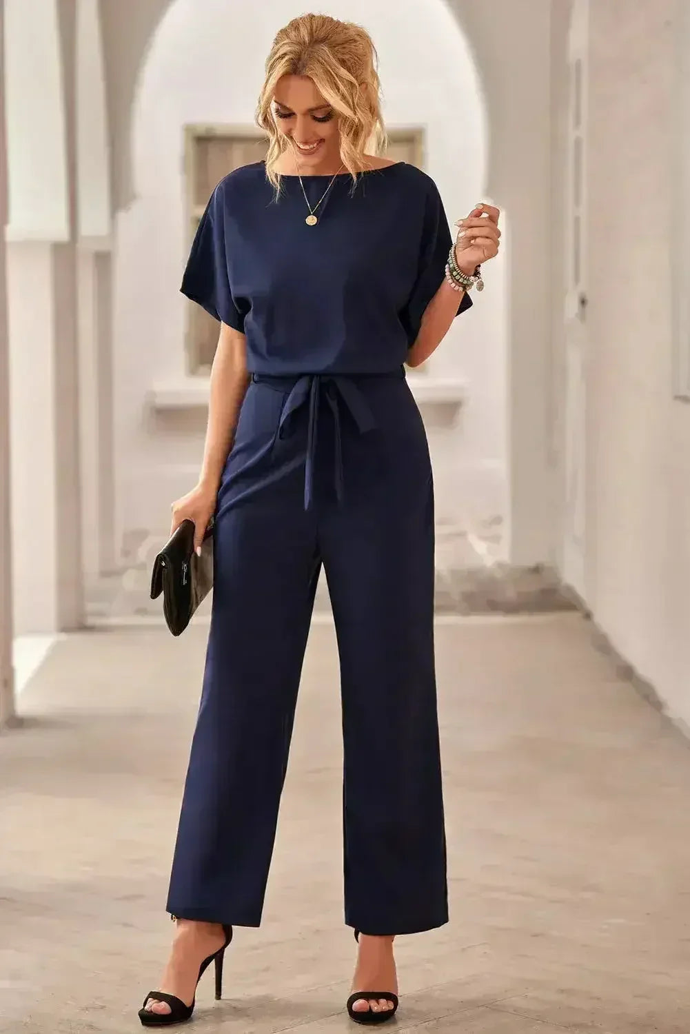 Chic Blue Oh So Glam Belted Wide Leg Jumpsuit - Femstylo