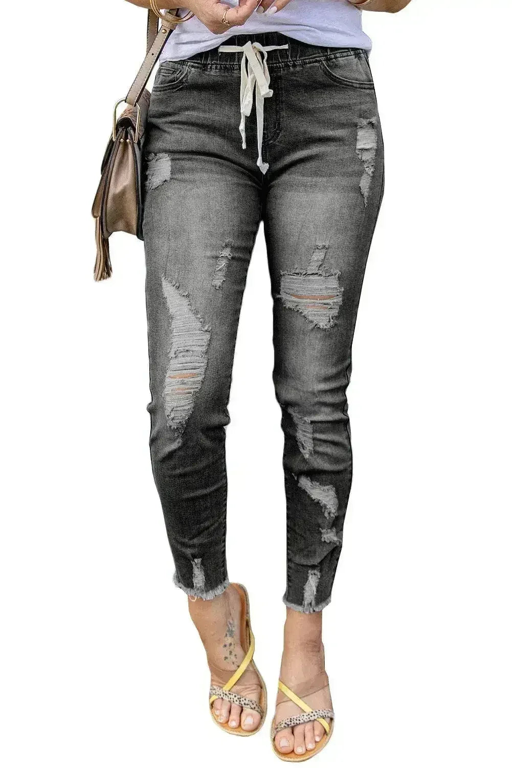 Women's Fashion Gray Drawstring Elastic Waist Hole Ripped Jeans - Femstylo