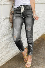 Women's Fashion Gray Drawstring Elastic Waist Hole Ripped Jeans - Femstylo