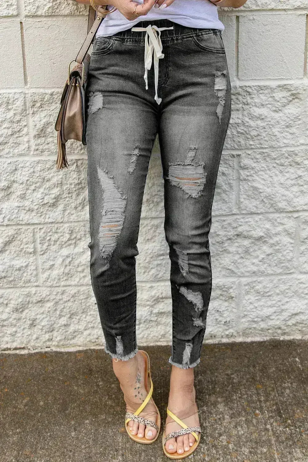 Women's Fashion Gray Drawstring Elastic Waist Hole Ripped Jeans - Femstylo