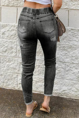 Women's Fashion Gray Drawstring Elastic Waist Hole Ripped Jeans - Femstylo
