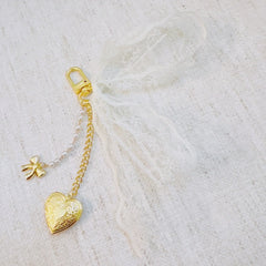Lace & Love Heart Bag Charm  – White Bow with Gold Heart | Romantic