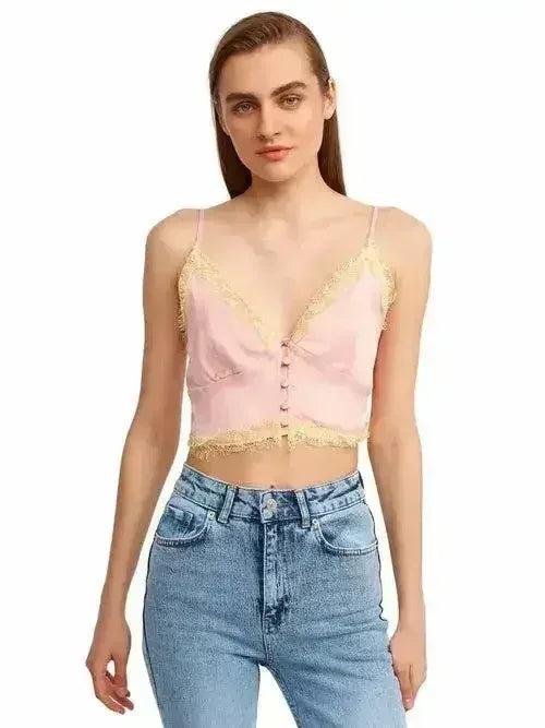 Lace Detail Crop Top | Rayon-Viscose Blend | Feminine Style - Femstylo