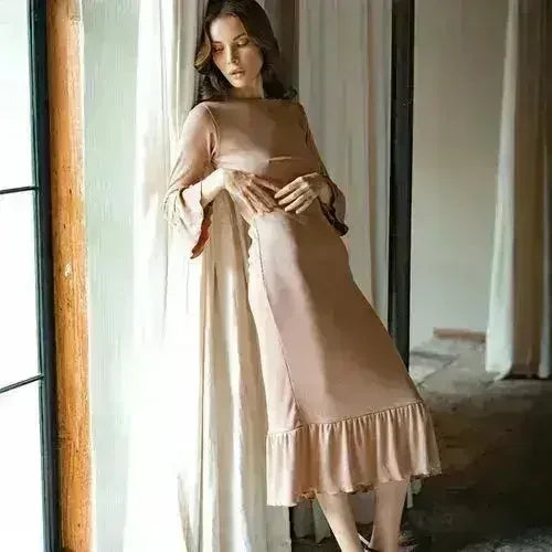 MARJORIE Ruffle Rib Dress, in Camel Brown - Femstylo