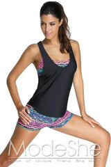 Multicolor Sports Bra Tankini Swimsuit with Black Vest - Femstylo