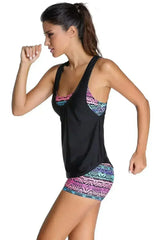 Multicolor Sports Bra Tankini Swimsuit with Black Vest - Femstylo