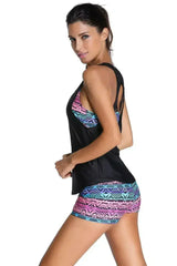 Multicolor Sports Bra Tankini Swimsuit with Black Vest - Femstylo