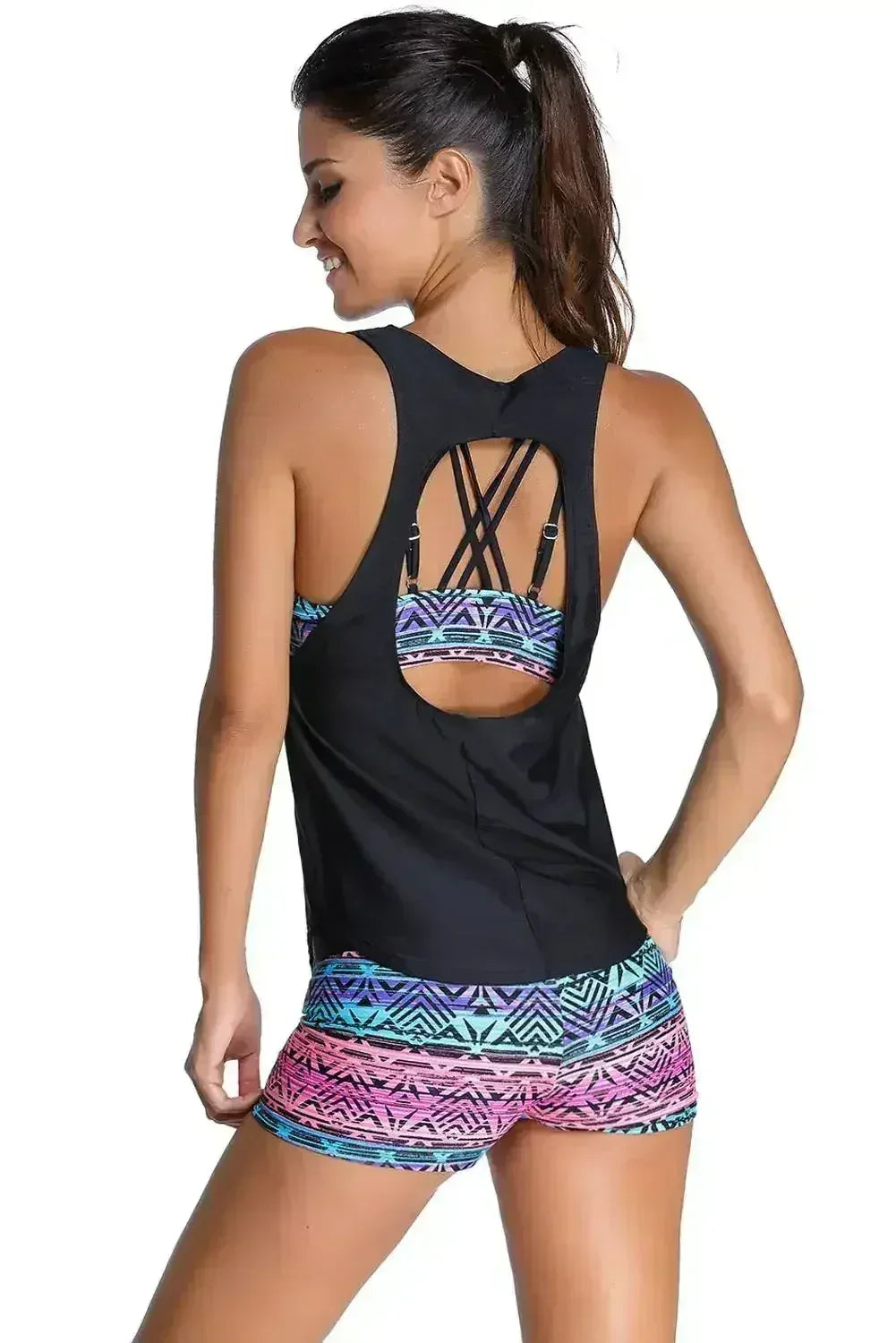 Multicolor Sports Bra Tankini Swimsuit with Black Vest - Femstylo