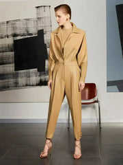 Lapel Collar Faux Leather Jumpsuit - Femstylo