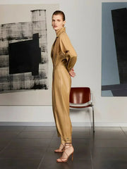 Lapel Collar Faux Leather Jumpsuit - Femstylo