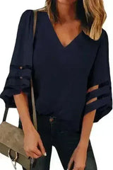 Navy Blue Flare Sleeve V Neck Loose Women's Chiffon Blouse - Femstylo