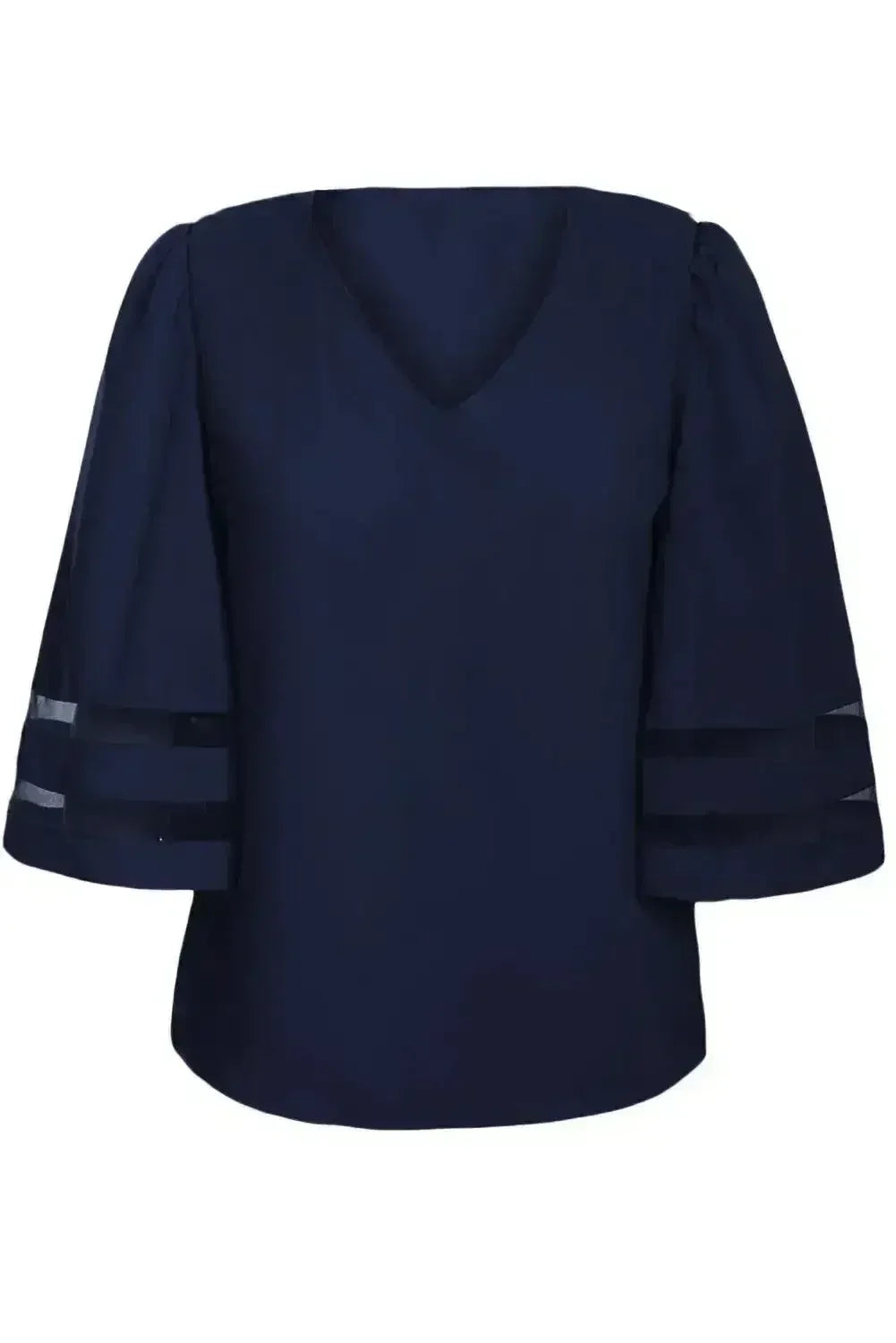 Navy Blue Flare Sleeve V Neck Loose Women's Chiffon Blouse - Femstylo