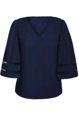 Navy Blue Flare Sleeve V Neck Loose Women's Chiffon Blouse - Femstylo